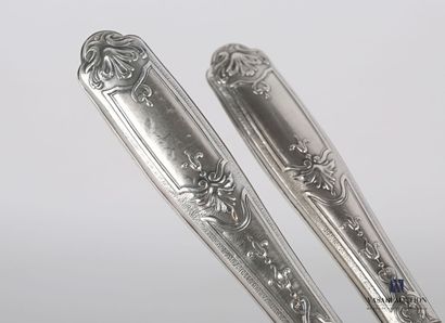 null Fish serving utensil, the silver handle decorated with asparagus points in reserves...