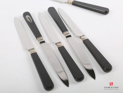 null Suite of six dessert knives, the ebony handles are embellished with silver metal...
