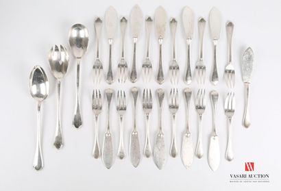 null Set including a silver plated salad servers, eleven fish dishes and a fish fork...