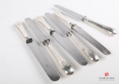 null Suite of six table knives, the handle in silver bevelled in its two upper thirds...