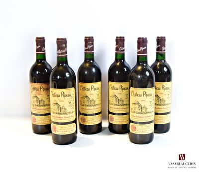 null 6 bouteilles	Château PIPEAU	St Emilion GC	1996

	Et. tachées. N : 5 mi/bas goulot,...