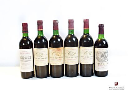 null Lot de 6 blles comprenant :		

4 bouteilles	Château HAUT MEYRAU	Bordeaux Sup	1989

1...