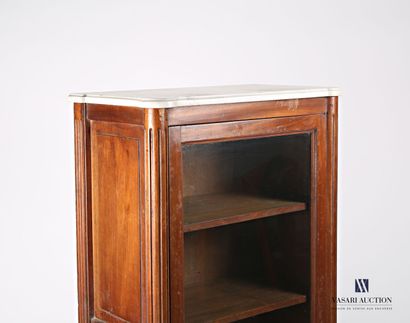 null Display case in natural wood with molding, it opens in front of a glass door...