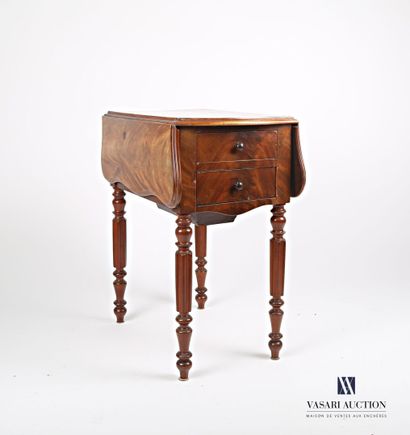 null Working table in mahogany and mahogany veneer, the tray with two flaps, it opens...
