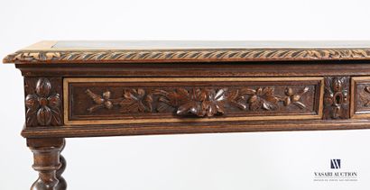 null Flat desk in molded and carved natural wood, the tray of rectangular shape darkened...