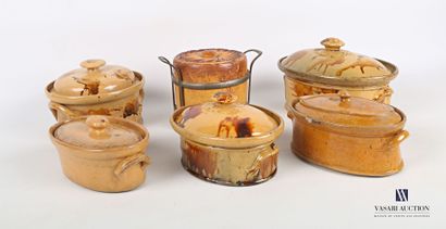 null Lot of six terra cotta terrines, two of which are round, one with a metal holder...