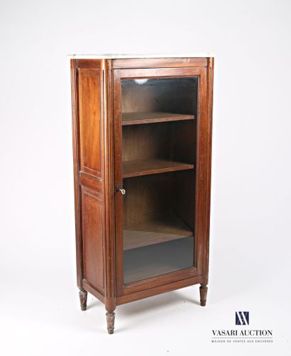 null Display case in natural wood with molding, it opens in front of a glass door...