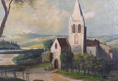 null École Suisse du XIXème siècle 

Église dans un paysage vallonné en bord de rivière

Huile...