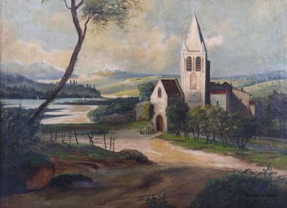 null Swiss school of the 19th century 

Church in a hilly landscape by the river

Oil...