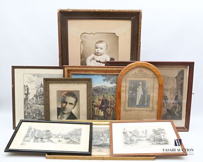 null Lot including ten framed pieces :

- two photographs one portrait of a man,...