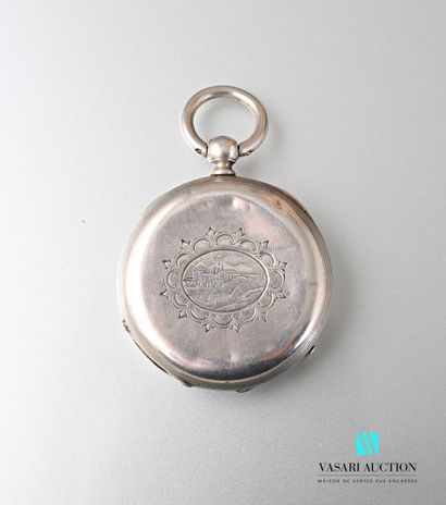 null Round silver pocket watch, the white enamelled dial has Roman numerals for the...