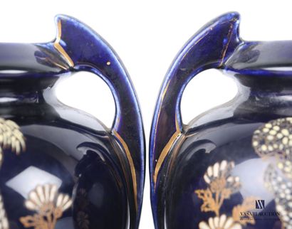 null Lot comprising a pair of cloisonné baluster vases decorated with prunus branches...