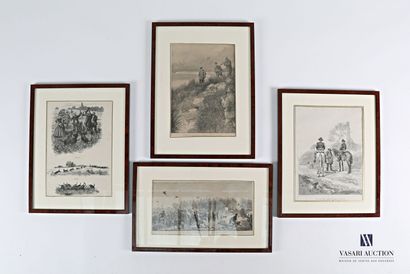 null Suite of four framed newspaper pages such as The ferret hunt in the dunes at...