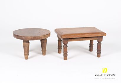 null Set of two footrests in natural wood, one has a rectangular tray and rests on...
