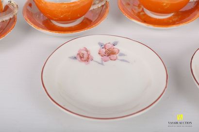 null Part of service of doll in orange porcelain including five tea cups and their...