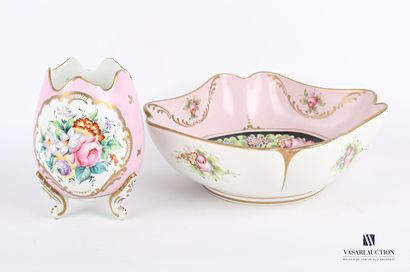 null Porcelain lot including a square bowl, the basin with pink background decorated...
