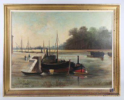 null H. DE CHARLES Ilès (XIXth - XXth century)

Boats moored on the river

Oil on...