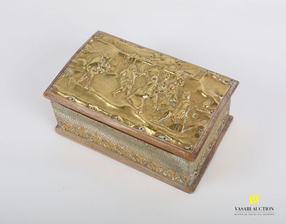 null Natural wood and brass plated box opening by a hinged flap with embossed decoration...