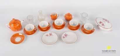 null Part of service of doll in orange porcelain including five tea cups and their...