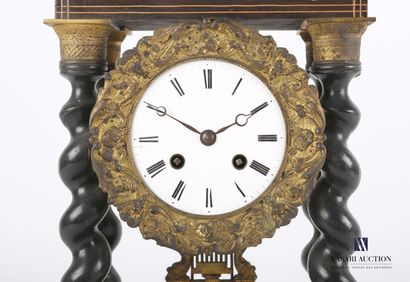 null Portico clock in wood veneer and light wood marquetry with foliage decoration,...