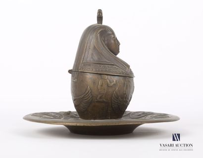 null Bronze inkwell with a spherical vase in its center, resting on a frame hemmed...