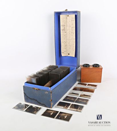 Box containing a stereoscopic wooden binoculars...