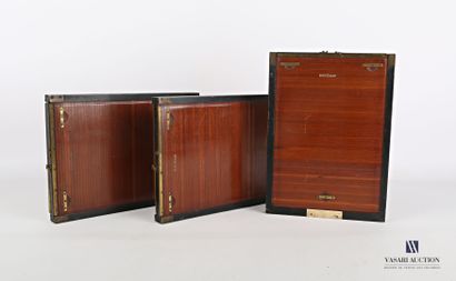 Set of three wooden frames with sliding curtains...