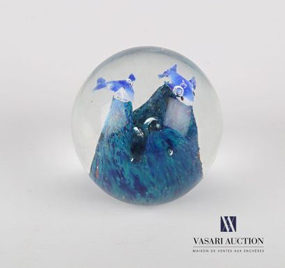 null Sulfuric ball in molded glass decorated with two dolphins swimming on the top...
