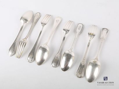 null Set of four silver plated flatware, the first one decorated with fillets ending...