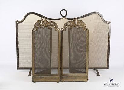 null Set of two screens, one with a metal grid background with a curved edge topped...