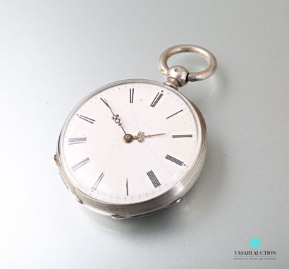 null Round silver pocket watch, the white enamelled dial has Roman numerals for the...