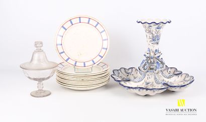 null Lot including a white/blue earthenware condiment display, it presents four compartments...
