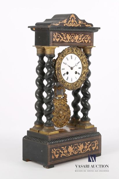 null Portico clock in wood veneer and light wood marquetry with foliage decoration,...