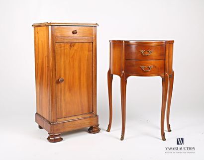 null Set of two bedside tables, the first one in molded cherry wood, the half-moon...