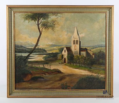 null Swiss school of the 19th century 

Church in a hilly landscape by the river

Oil...