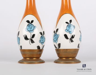 null Pair of ceramic vases of baluster form, the copper mounting, the body with painted...