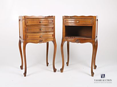 null Set of two bedside tables in molded and carved natural wood, the tray hemmed...