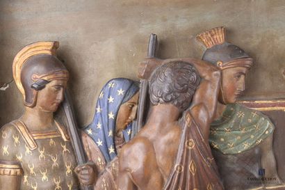 null 
Bas relief en terre cuite peint représentant la station Via Crucis VII "Jésus...