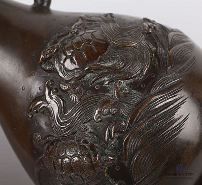 null Bronze vase with brown patina of baluster form, the neck flanked by two handles...
