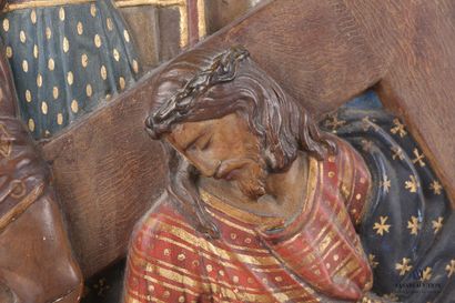 null 
Bas relief en terre cuite peint représentant la station Via Crucis VII "Jésus...