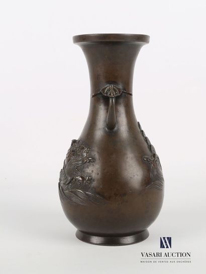 null Bronze vase with brown patina of baluster form, the neck flanked by two handles...