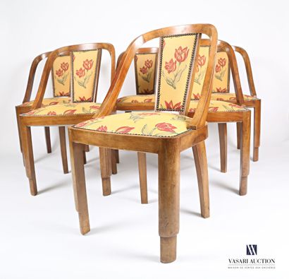 null Suite of six chairs in natural wood, the openwork balloon back presents a central...
