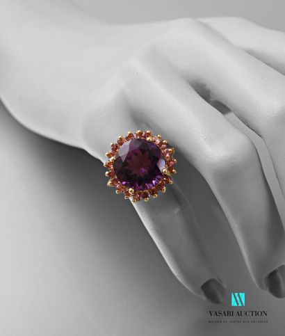 null Gold-plated silver ring set with a large round-cut amethyst hemmed with tourmaline.

Gross...