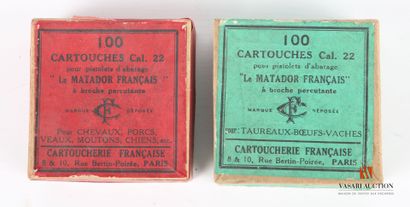 null Deux boites de cartouches cal 22 pour pistolets d'abatage « le Matador français...