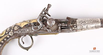 null Pistolet à silex, canon à pans puis rond de 31 cm, poinçonné et tromblonné à...