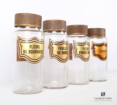 null Set of four glass apothecary bottles of truncated cone shape, the metal stopper,...