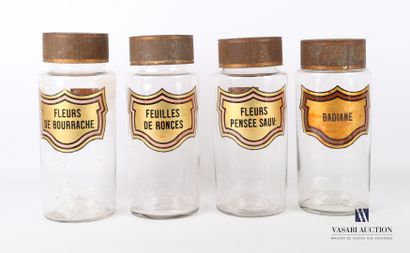 null Set of four glass apothecary bottles of truncated cone shape, the metal stopper,...