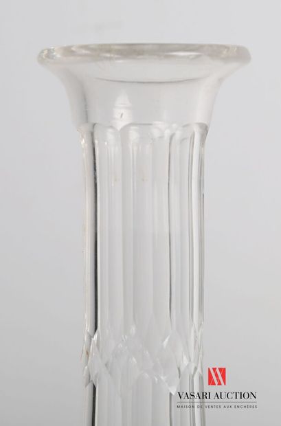 null Pair of glass carafes, the neck with cut sides and the body with decoration...