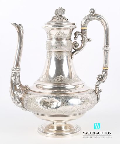 null A baluster-shaped silver coffee pot standing on a pedestal base, the body presents...