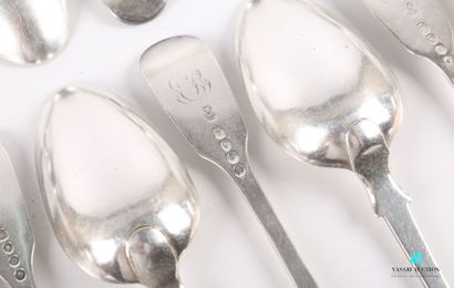 null Suite of eleven silver tableware and one table spoon, the plain handle has a...